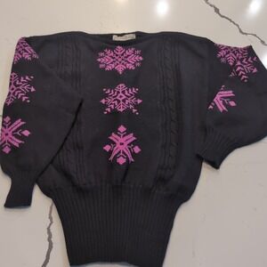 Mountain Goat Vintage Womens Wool Sweater Black Pink Snowflake Cable Knit Large